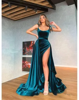 Velvet Peacock A-Line High Split Scoop Neck Long Prom Dresses