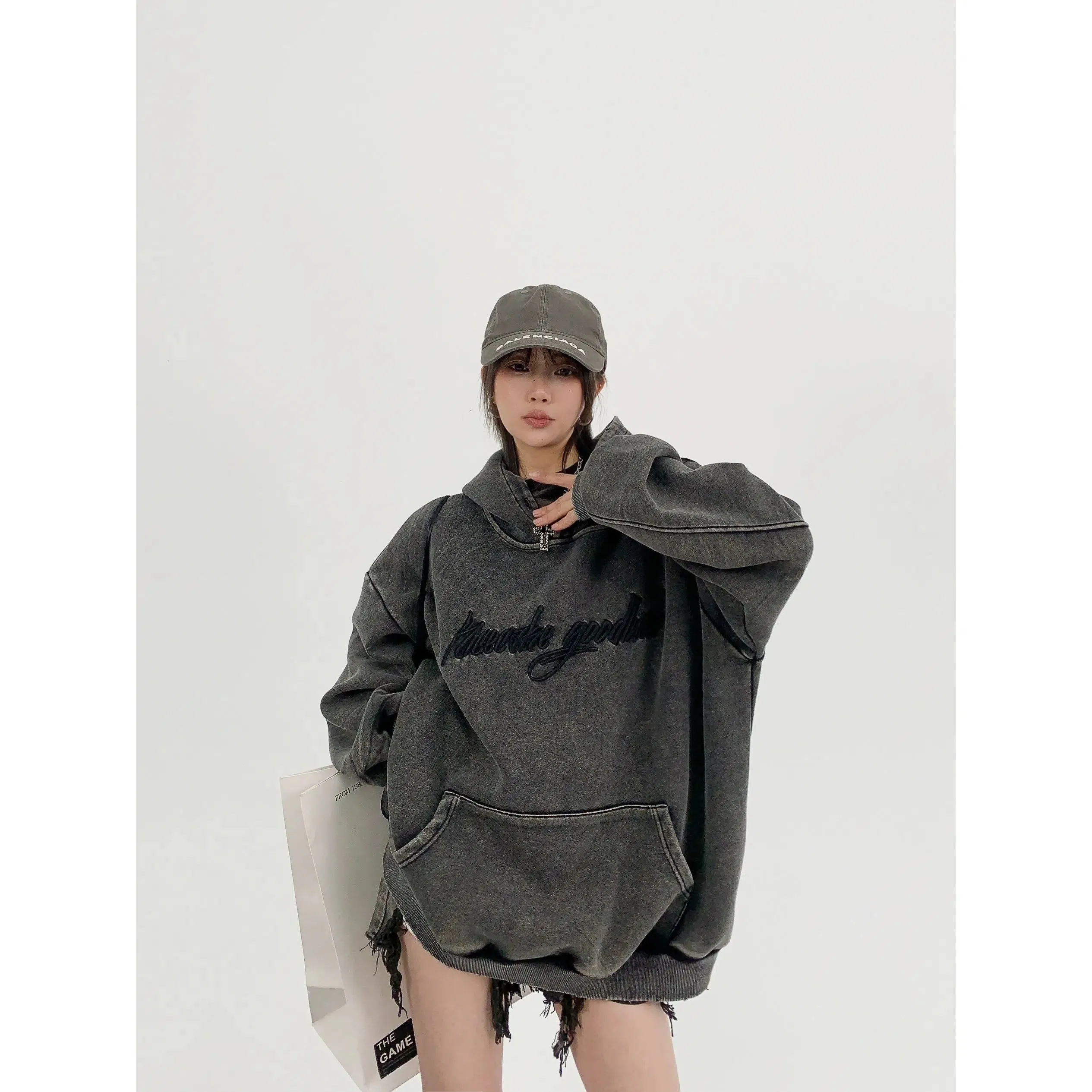 Washed Embroidered Front Pocket Hoodie