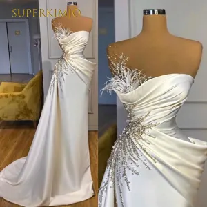 white beaded evening dresses long feather luxury mermaid modest elegant evening gown 2021