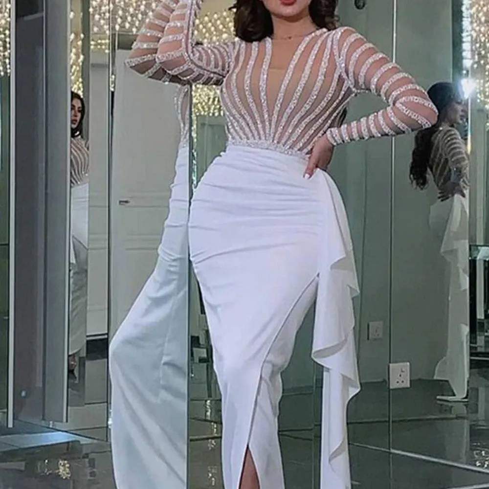 white beaded evening dresses long sleeve mermaid modest elegant sparkly arabic formal party dresses