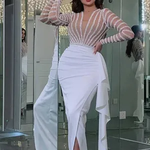 white beaded evening dresses long sleeve mermaid modest elegant sparkly arabic formal party dresses
