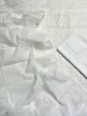 White Embroided Cotton Kota Doria Suit With Dupatta
