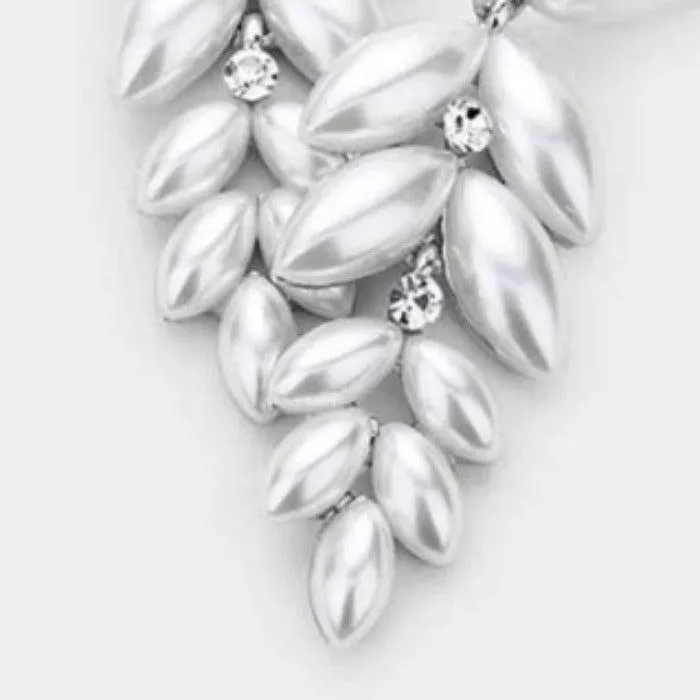 White Pearl Teardrop Marquise Drop Evening Earrings