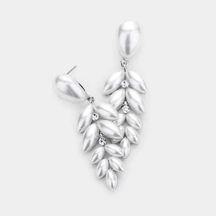 White Pearl Teardrop Marquise Drop Evening Earrings
