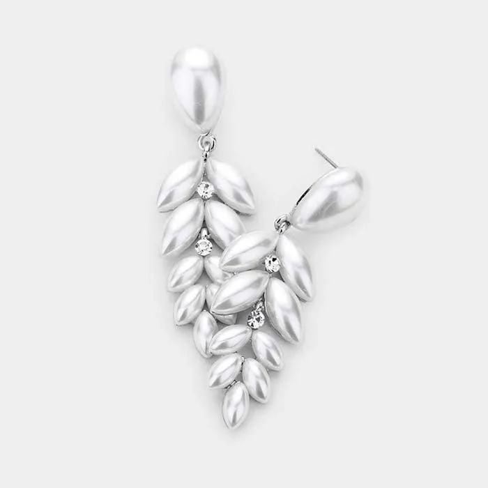 White Pearl Teardrop Marquise Drop Evening Earrings