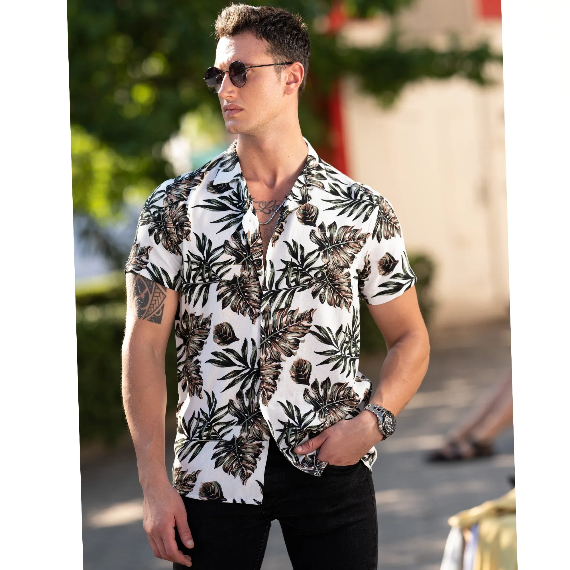 White Printed Tropical European Made & Designed Hawaiian Summer Shirts For Men
