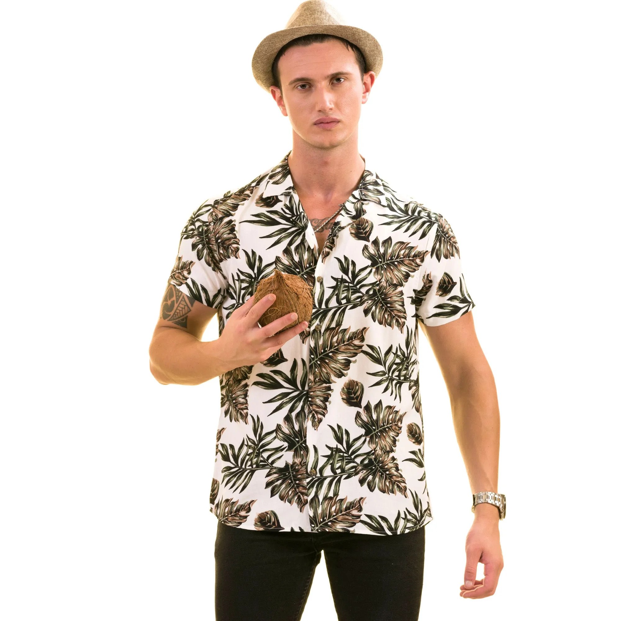 White Printed Tropical European Made & Designed Hawaiian Summer Shirts For Men