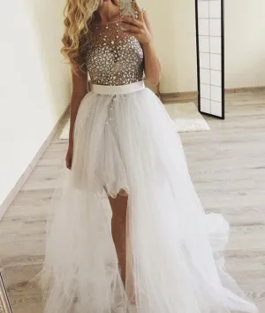 White round neck tulle rhinestone prom dress, rhinestone tulle evening dress