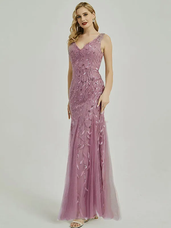 White V-Neck Mermaid White Sequined Leave Formal Evening Dress for Brides