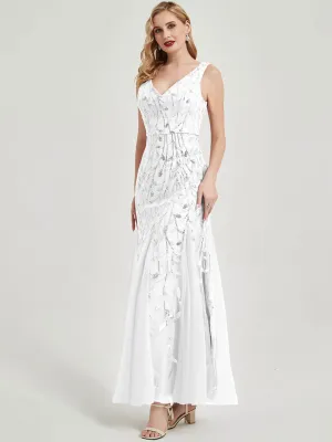White V-Neck Mermaid White Sequined Leave Formal Evening Dress for Brides