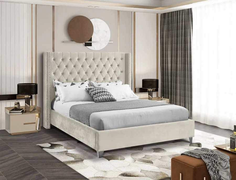 Wing Tufted Bed - Cream Velvet