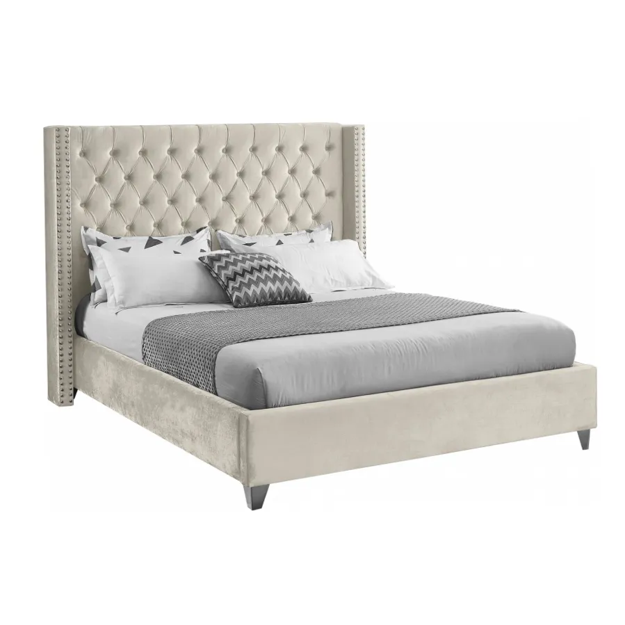 Wing Tufted Bed - Cream Velvet