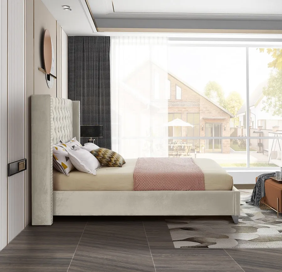 Wing Tufted Bed - Cream Velvet