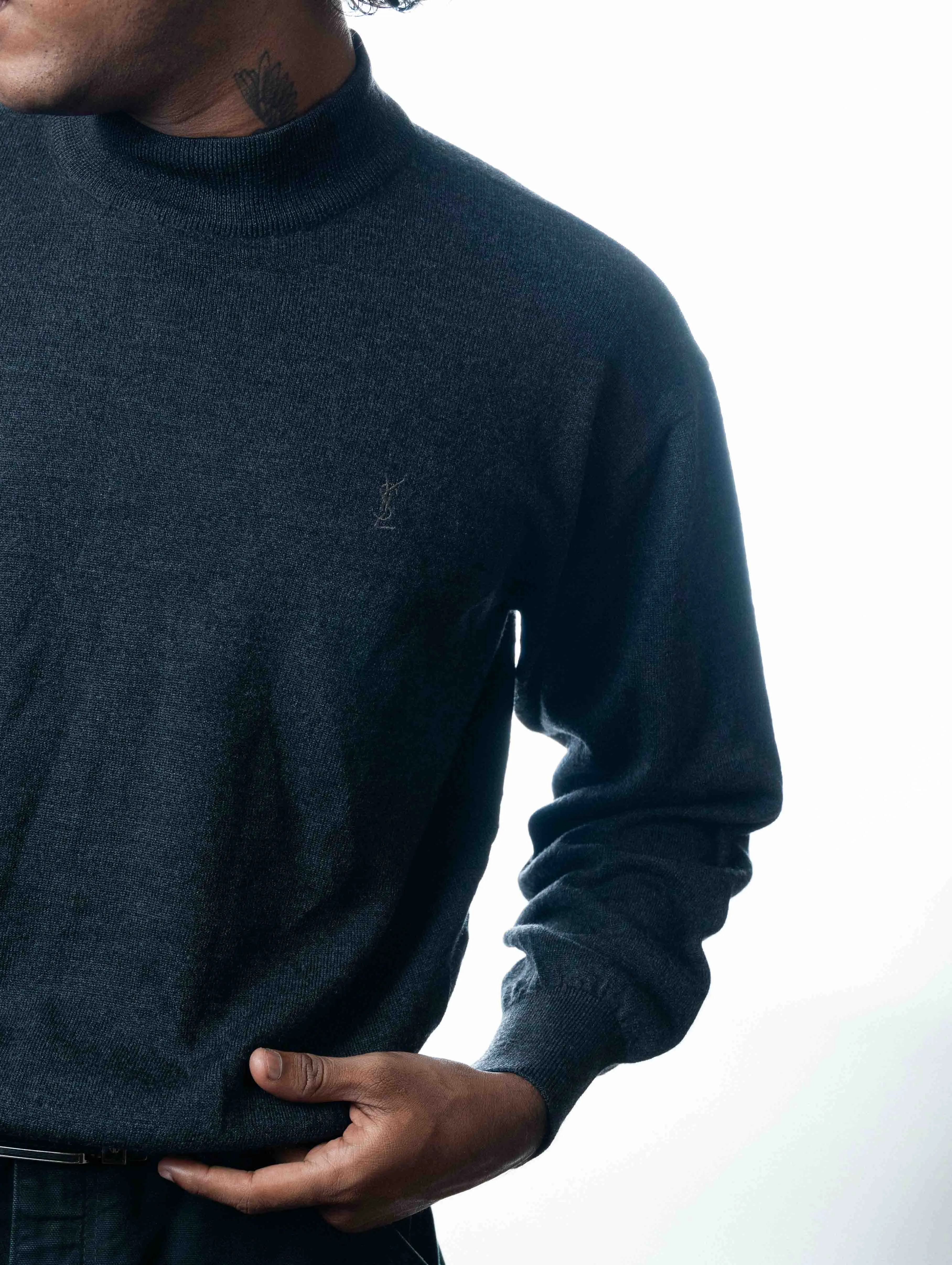 Yves Saint Laurent Gray Mohair-Blend Logo Embroidered Turtleneck Sweater