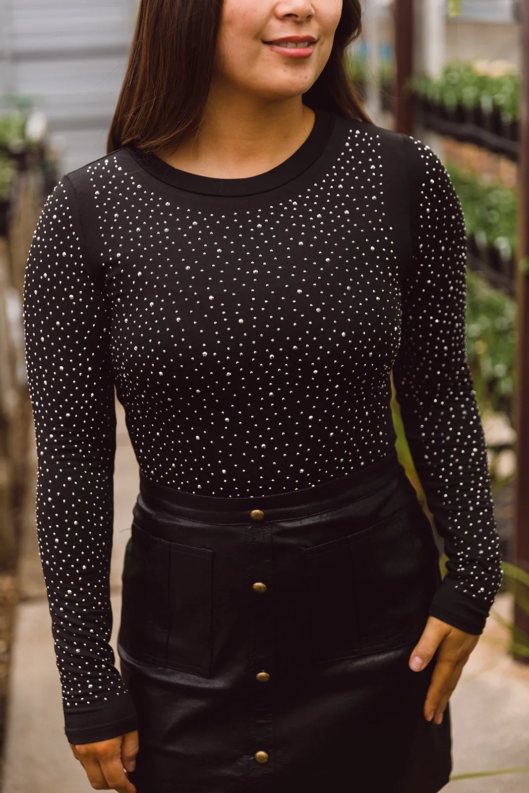 Ziva Rhinestone Studded Bodysuit-Black