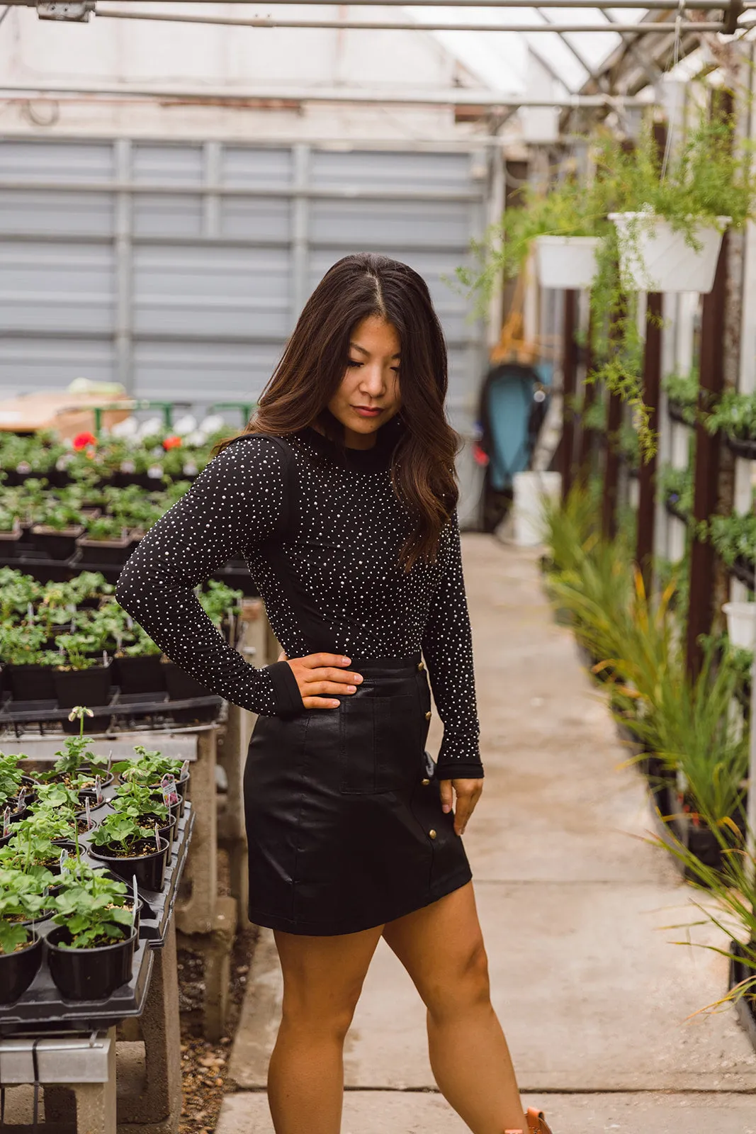 Ziva Rhinestone Studded Bodysuit-Black