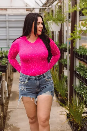 Ziva Rhinestone Studded Bodysuit-Pink